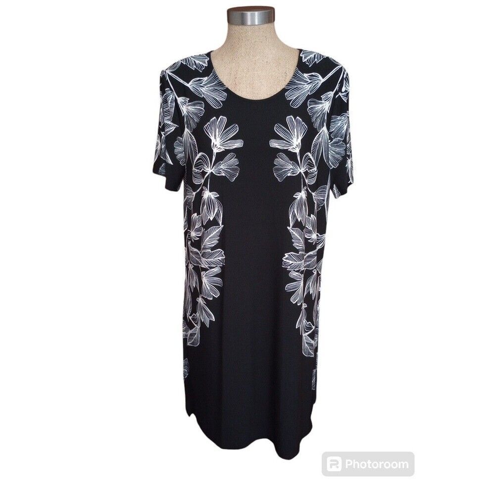 Calvin Klein Tunic Dress Women's Sz L Black White Floral Stretch Side Slits NWT